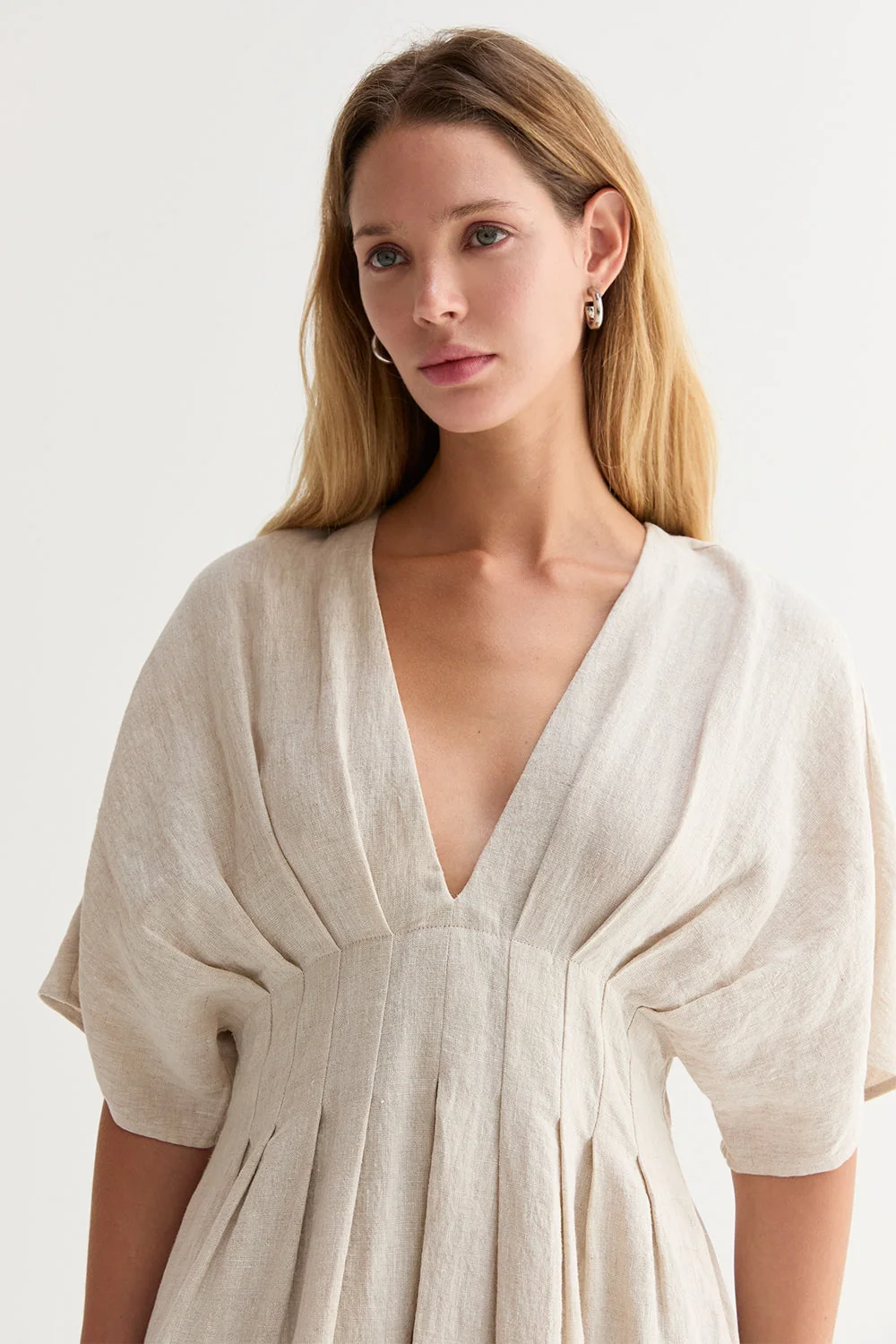 Pleated Linen V-Neck Midi Dress with Dolman Sleeves