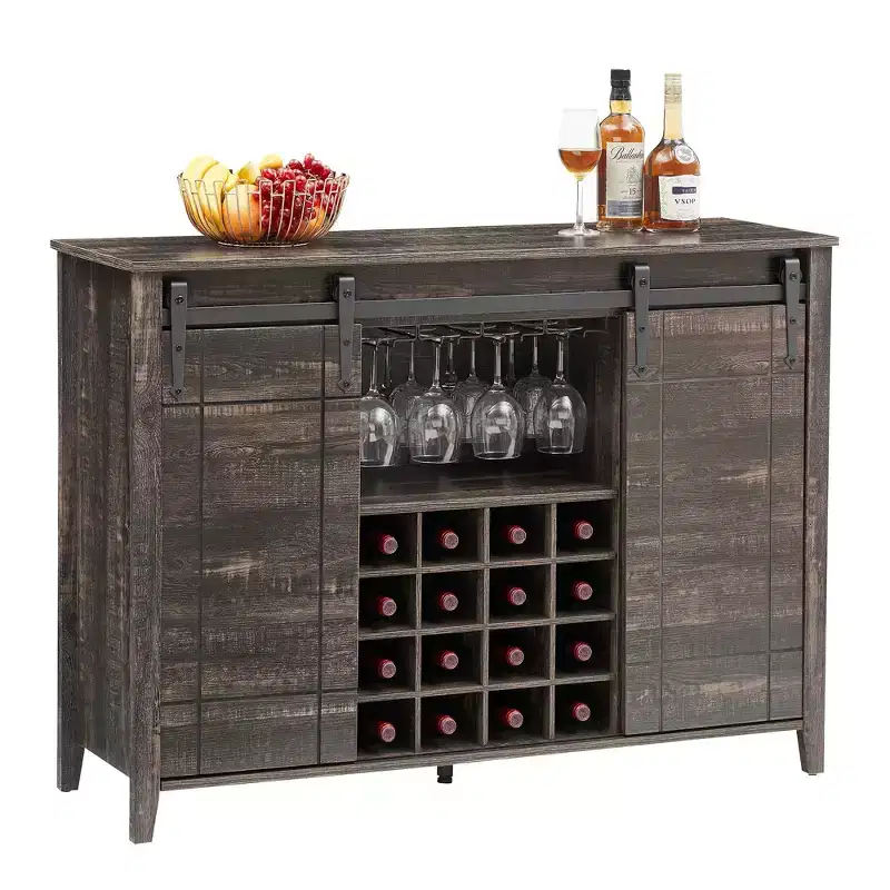 Farmhouse Sliding Barn Door Bar Cabinet with Wine & Glass Storage - 47 Sideboard Buffet & Coffee Station