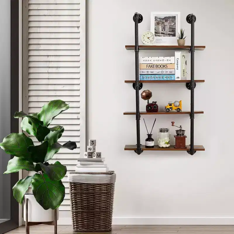 4 Tier Industrial Pipe Wall Mounted Shelving, 30 Rustic Floating Shelf Unit, Real Wood, Kitchen Bar, Book & Wine Display Rack