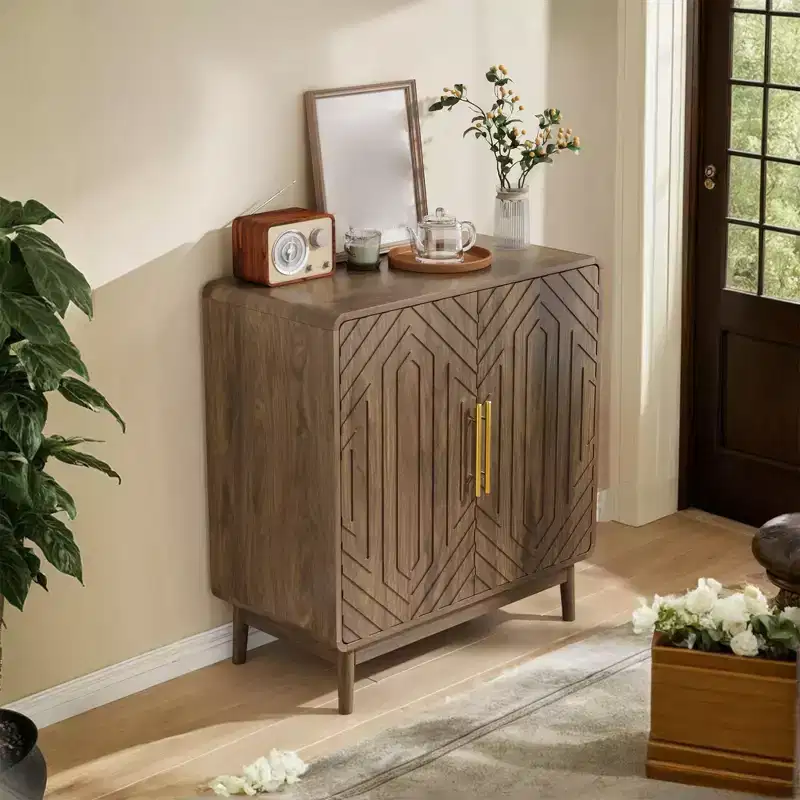 Sideboard Buffet Cabinet with Adjustable Shelf, Entryway Console Table with 6 Wooden Hangers