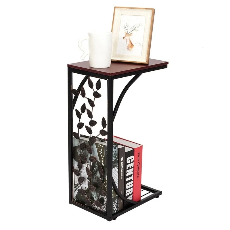 C-Shape Side Table with Leaf Pattern Iron Frame and Wood Top, Brown and Gold, 12L x 8.27W x 21.26H in