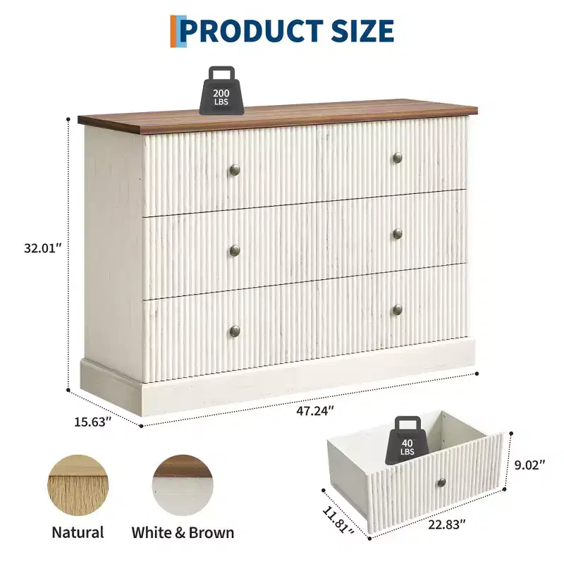 47 Fluted 6-Drawer Dresser for Bedroom, Horizontal Wood Chest with Metal Handles, Modern Storage Organizer for Bedroom, Living Room
