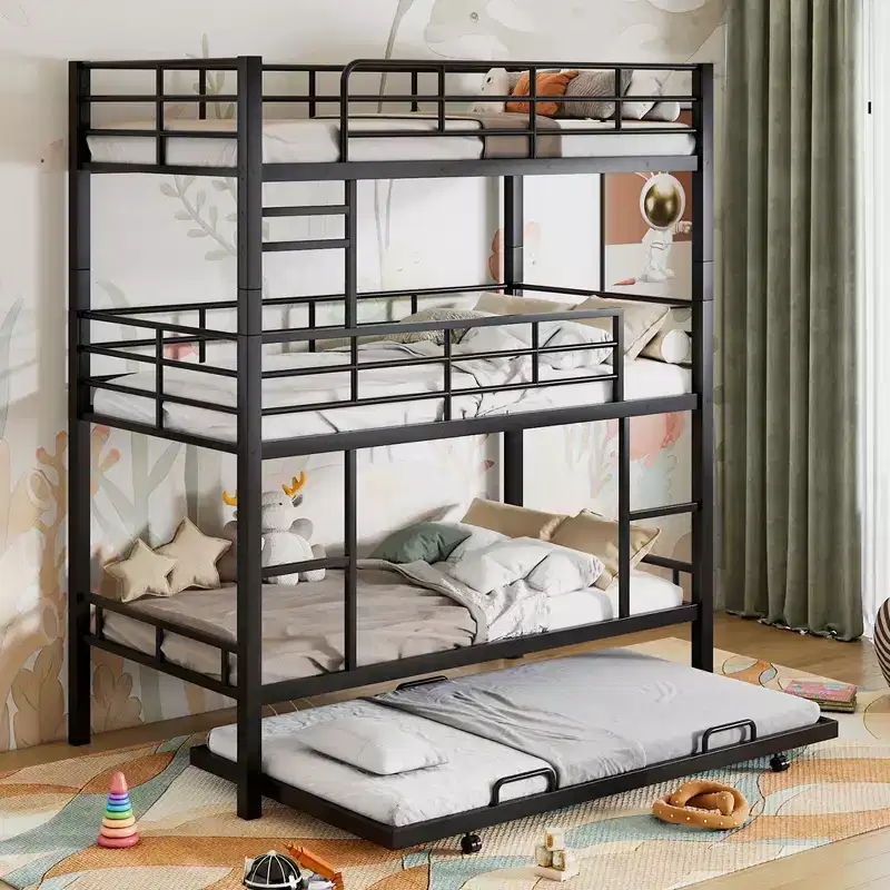 Heavy Duty Triple Bunk Bed for 3 Kids, Twin over Twin over Twin Triple Bunk Beds with Trundle