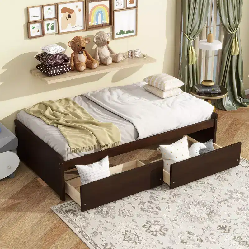 Whisen Twin Bed with 2 Drawers Solid Rubber Wood