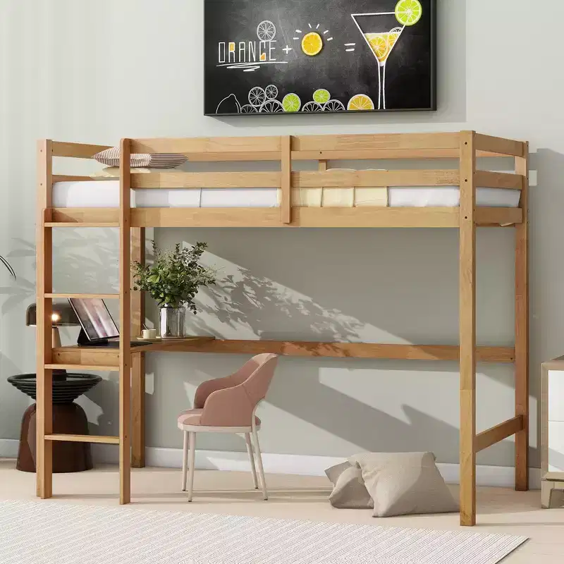 Twin Size Wood Loft Bed with Built-in Desk & Ladder, Spacious Study Space, Safety Guardrails (Upgraded) - White Oak