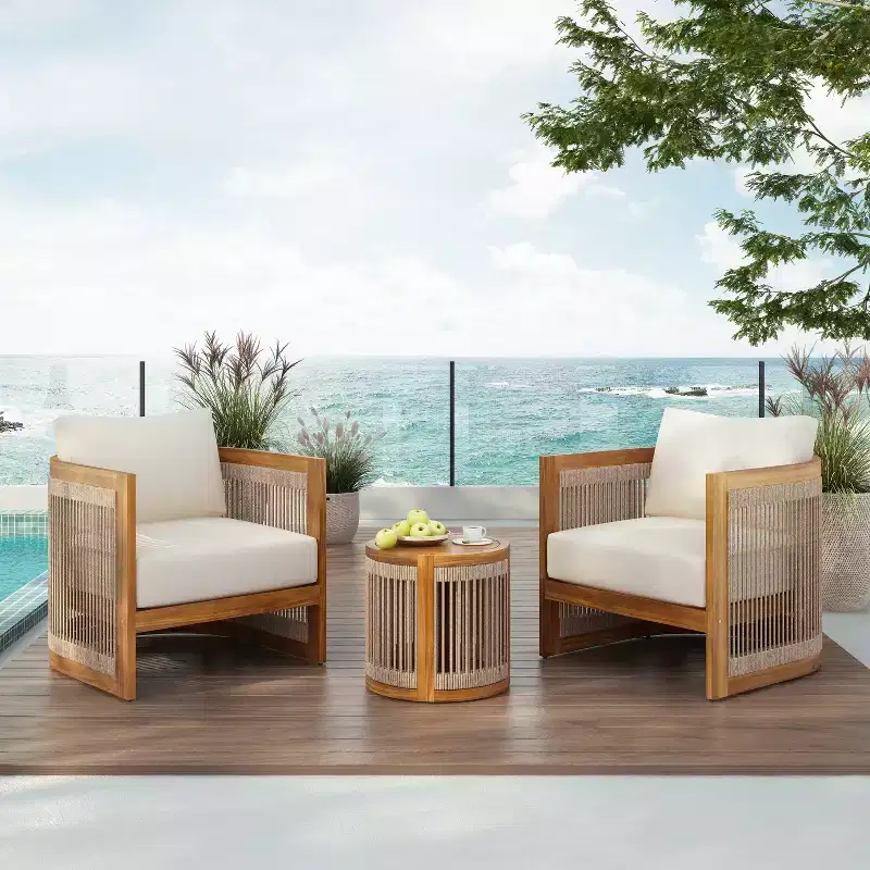 Christopher Knight Home Krizzix Boho 3 Piece Outdoor Acacia Wood Woven Rope Seating Set with Cushions