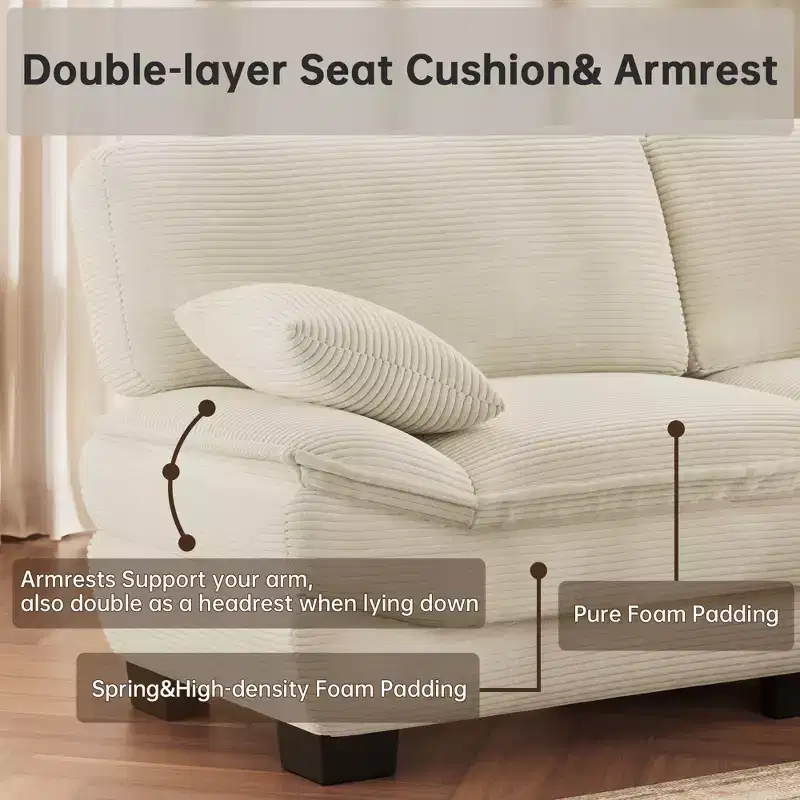 Beige 87 Corduroy Couch with 2 Pillows, Sailboat-Shape Deep Seat Sofa for Living Room, Small Space, Office, Apartment-Morden Fort