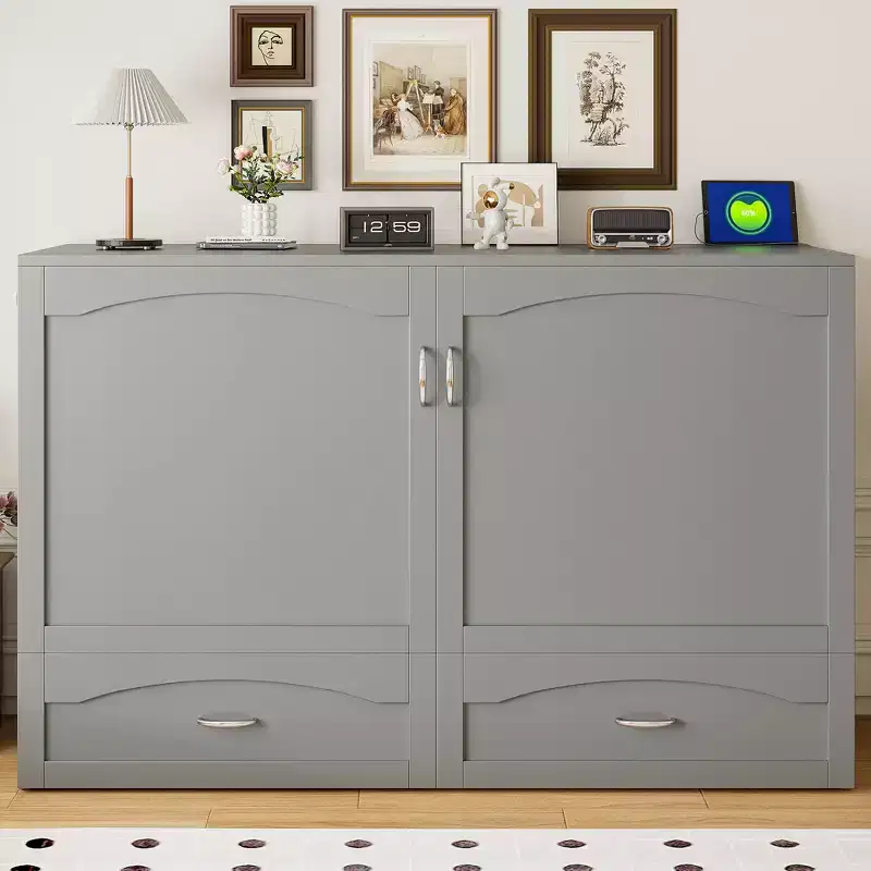 Queen Size Murphy Bed Wall Bed with Drawers, Wooden Murphy Bed Chest with Sockets & USB Ports, Pulley Structure Design, Gray