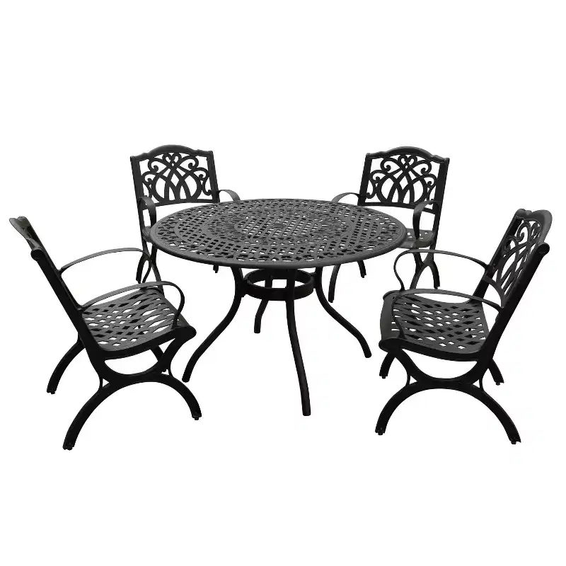 5pc Patio Dining Set with 48" Ornate Outdoor Mesh Aluminum Round Table & Luxury Chairs - Black - Oakland Living: UV-Resistant, Non-Foldable