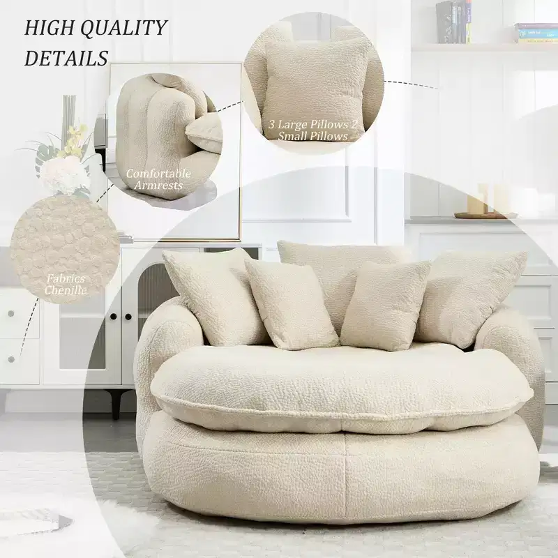 Oversized Oval Chenille Bean Bag Sofa with 3 Large and 2 Small Pillows and Wrap Around Backrest for Adults