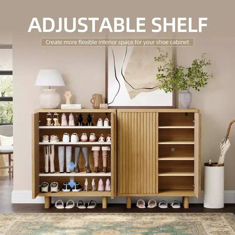 Shoe Cabinet with Fluted Door, 5-Tier Storage with 4 Adjustable Shelves, Rustic Entryway Shoe Bench for Hallway, 2pcs