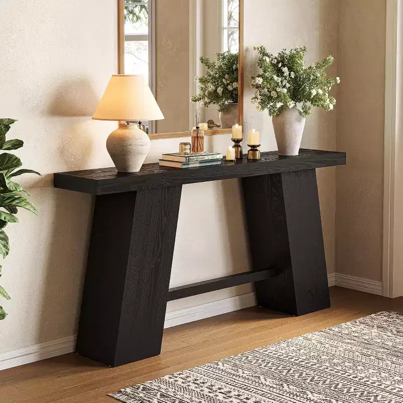 Black Trapezoid Console Table, Modern Style, Single-Piece
