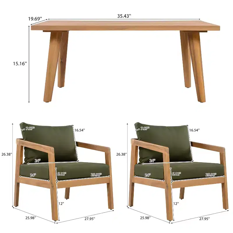 Christopher Knight Home Muhin Modern 3 Piece Acacia Patio Seating Set with Cushion and Rectangular Slatted Table