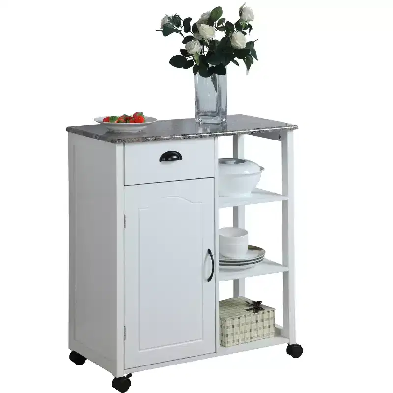 Kitchen Storage Cabinet Cart | Marble Vinyl Top | White | 3 Shelves & Castors
