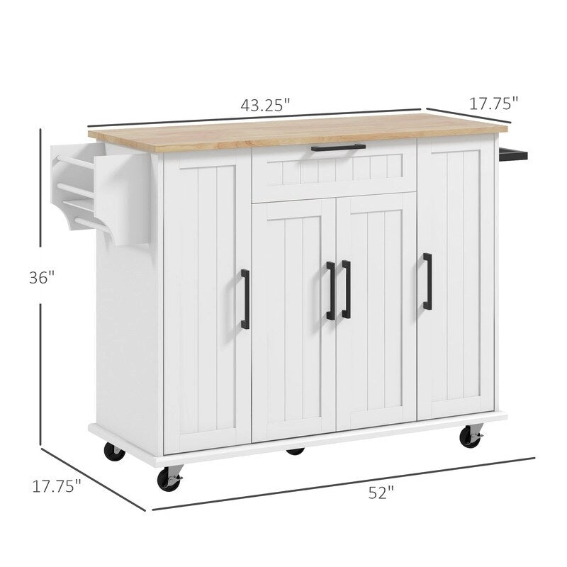 52Kitchen Island Rolling Kitchen Cart with Rubberwood Top,Spice Rack,Towel Rack,Drawer