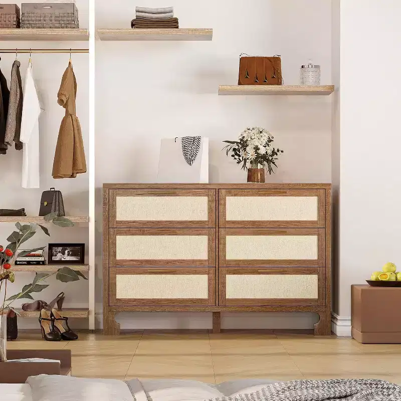 COZONY 6 Drawer Double Dresser with Burlap Design, Wooden Chest with Gold Handles