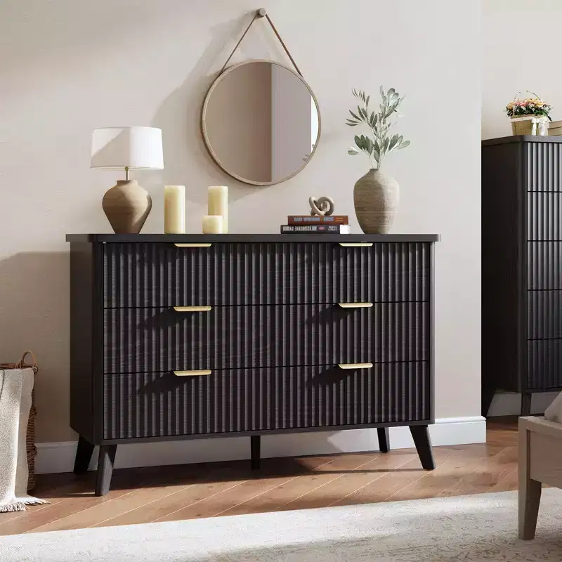 Fluted 6-Drawer Dresser, Wave Design Storage Cabinet with Particle Board and MDF Construction