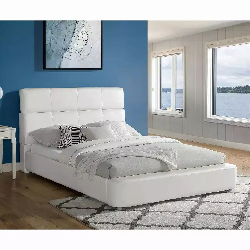 Queen Tioga Faux Leather Upholstered Bed White - miBasics: Modern Glossy Platform, Solid Wood Frame, 1000 lb Capacity