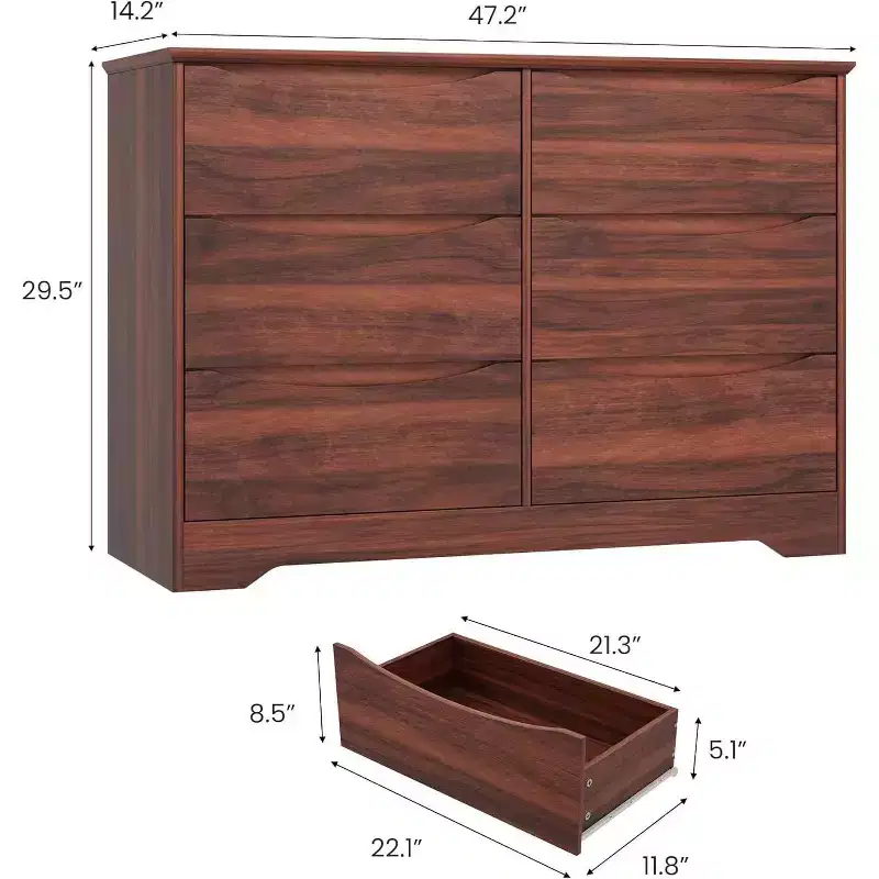 GustoWave Modern Closet, Wooden Storage Dresser with 6 Drawers for Bedroom, Living Room, Hallway, Brown