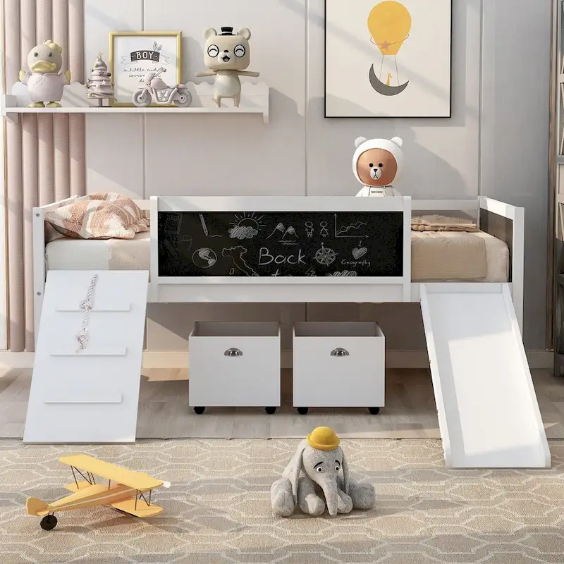 Twin Loft Bed with Climbing Frame, Slide, Double-Sided Chalkboard & 2 Storage Boxes, Pine Wood