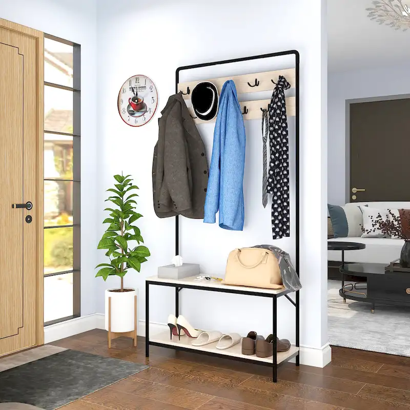 Oak Color Hall Tree 32 Wide with Bench and Shoe Storage - 31.5*11.5*67 inches