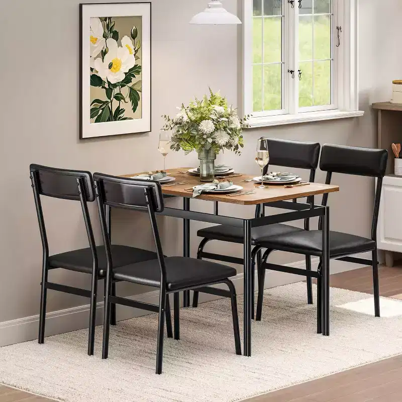 5 Piece Dining Table Set with Wooden Table & 4 PU Upholstered Chairs, Industrial Metal Frame, Compact Kitchen & Dining Room Set
