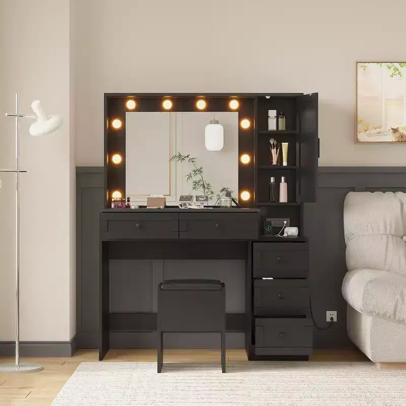 White Makeup Vanity Stool Set, Small Vanity Desk with Lighted Mirror, Charging Station, 5 Drawers, 3-Tier Cabinet and Upholstered Stool