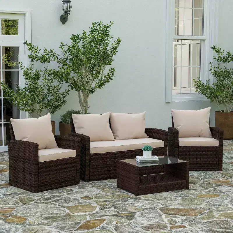 Merrick Lane 4 Piece Patio Set Contemporary Loveseat, 2 Chair and Coffee Table Set with Back Pillows and Seat Cushions
