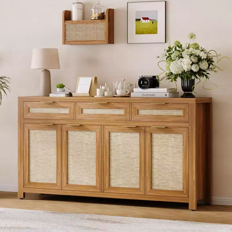 63 Sideboard Buffet Cabinet, Rattan Coffee Bar Cabinet with 3 Drawers, Wooden Media Console Table, Accent Credenza for Living Room Kitchen