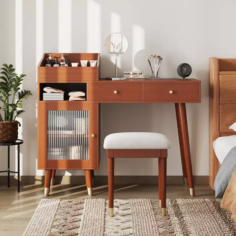 Modern Makeup Vanity Desk Vanity Table Dressing Table with Stool, Drawers, Cabinet & Charging Ports, Black/Walnut-ModernLuxe
