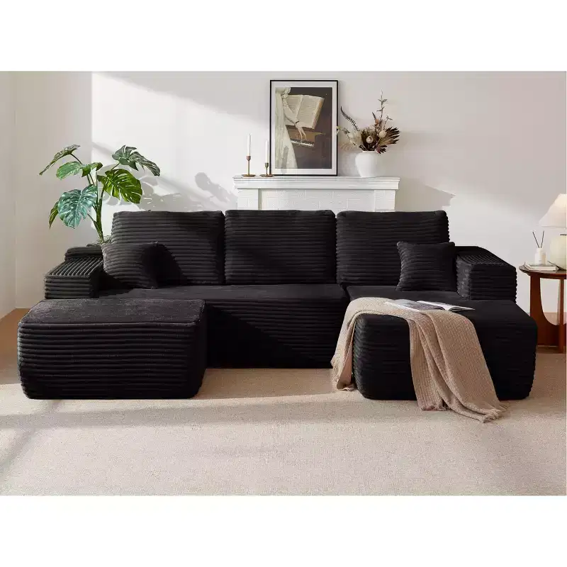 104Cloud Sectional Sofa,U-Shaped Chaise,Deep Seat,Side Pockets,Plush Fabric,No Assembly,Black,Right Facing