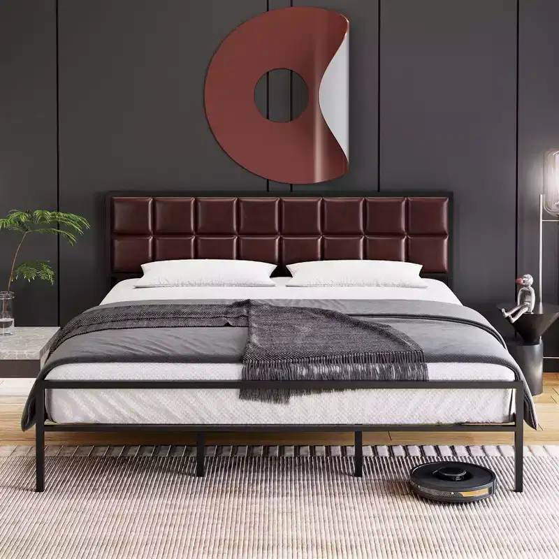 A+ Faux Leather Platform Bed Frame with Upholstered Square Stitched Headboard