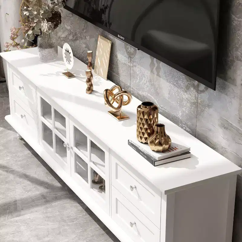 Famapy Media Console with Glass Doors Drawer Storage for Living Room TV Stand