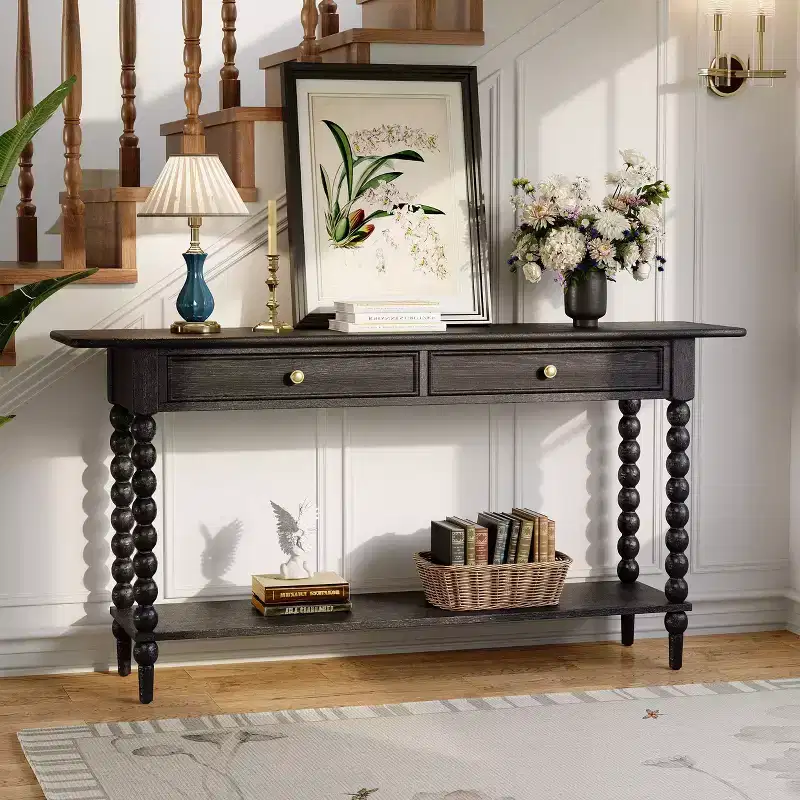 Eleanor Retro Wood Console Table with 2 Drawers and Shelf