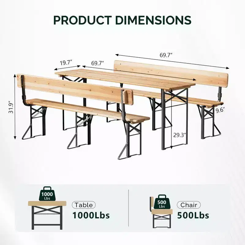 Karl Home Rectangle Wood Picnic Table Iron Frame With Backrest Bench Seats