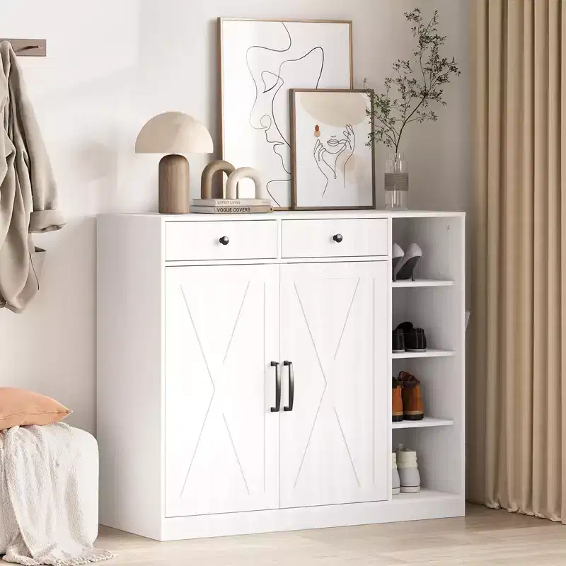 Shoe Storage Cabinet with Modern Farmhouse Design - 6 Adjustable Shelves, 2 Drawers, Freestanding Entryway Cabinet