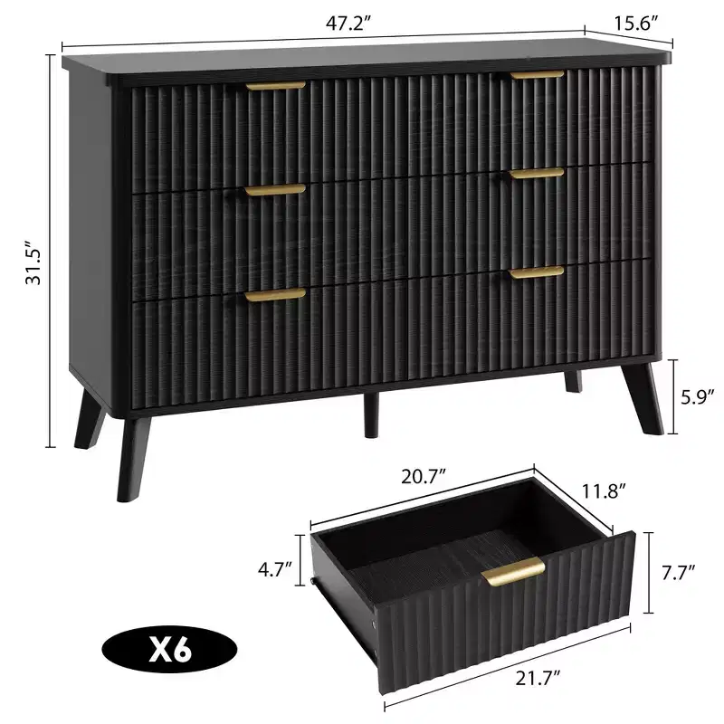 Black Fluted 6-Drawer Dresser – Engineered Wood, Single-Person Use
