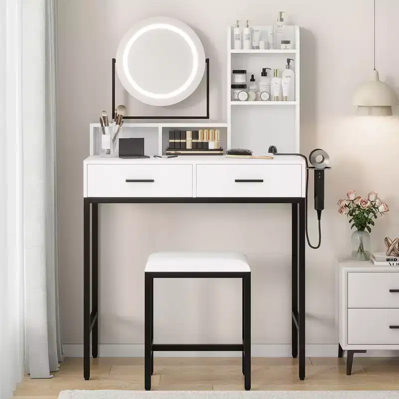 Modern Vanity Desk with Adjustable Rotating Mirror, 3 Color Light, Makeup Table with Storage for Bedroom