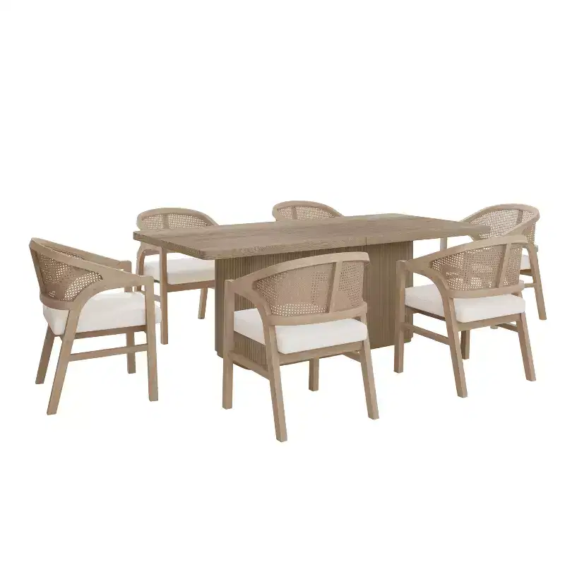 Christopher Knight Home Gween Farmhouse 7 Piece Dining Set with Rubberwood Upholstered Rattan Chairs
