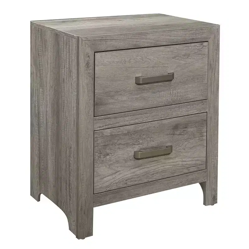 Transitional Aesthetic Bedroom Nightstand Faux Wood Veneer Weathered Gray Finish Nickel Hardware Bed Side Table