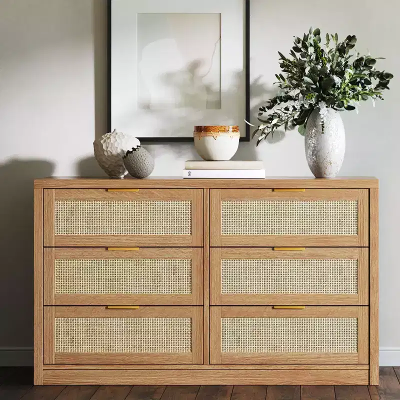 GustoWave 6 Drawer Dresser for Bedroom, 52.7 Wide Rattan Dresser, Wooden with Gold Handles, Farmhouse Tv Stand Entryway Table, Chest of Drawers