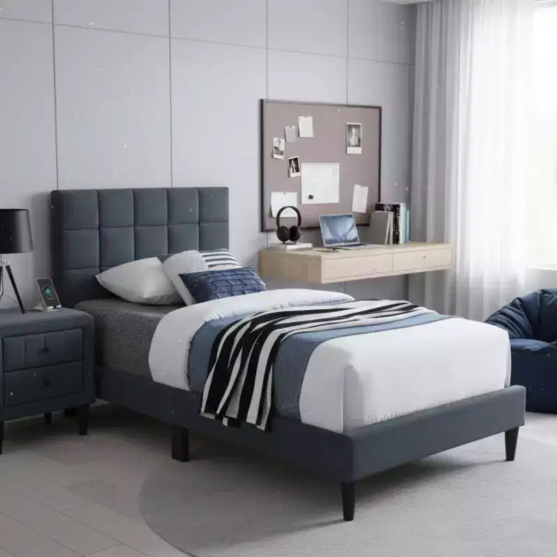 GDFStudio Ethan Contemporary Brushed Linen Upholstered Platform Bed with Adjustable Headboard