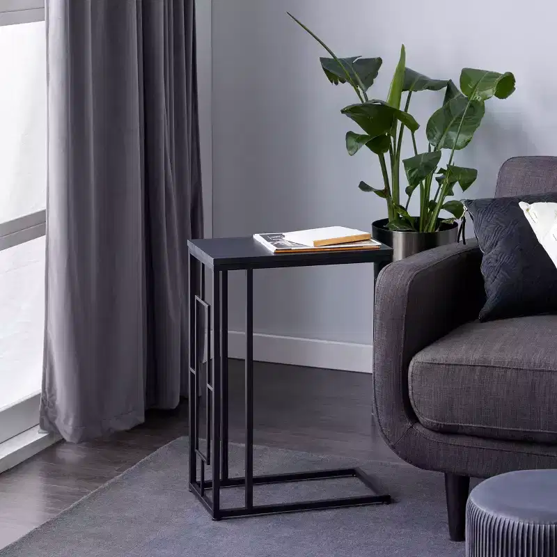 Contemporary Metal and Wood Accent Table Black, C-Shaped, No Assembly, Iron Frame
