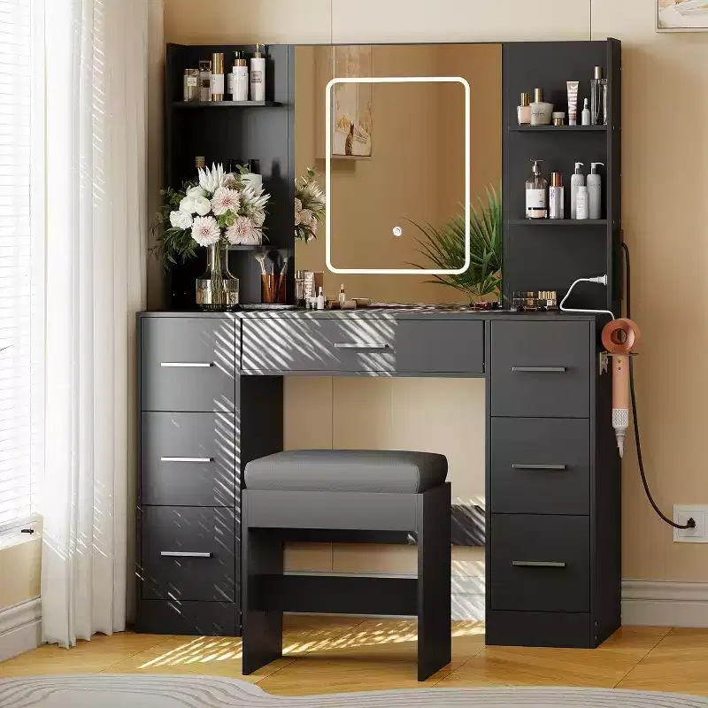 Vanity Desk with Mirror and Chair, 7 Drawers and 6 Storage Shelves for Bedroom