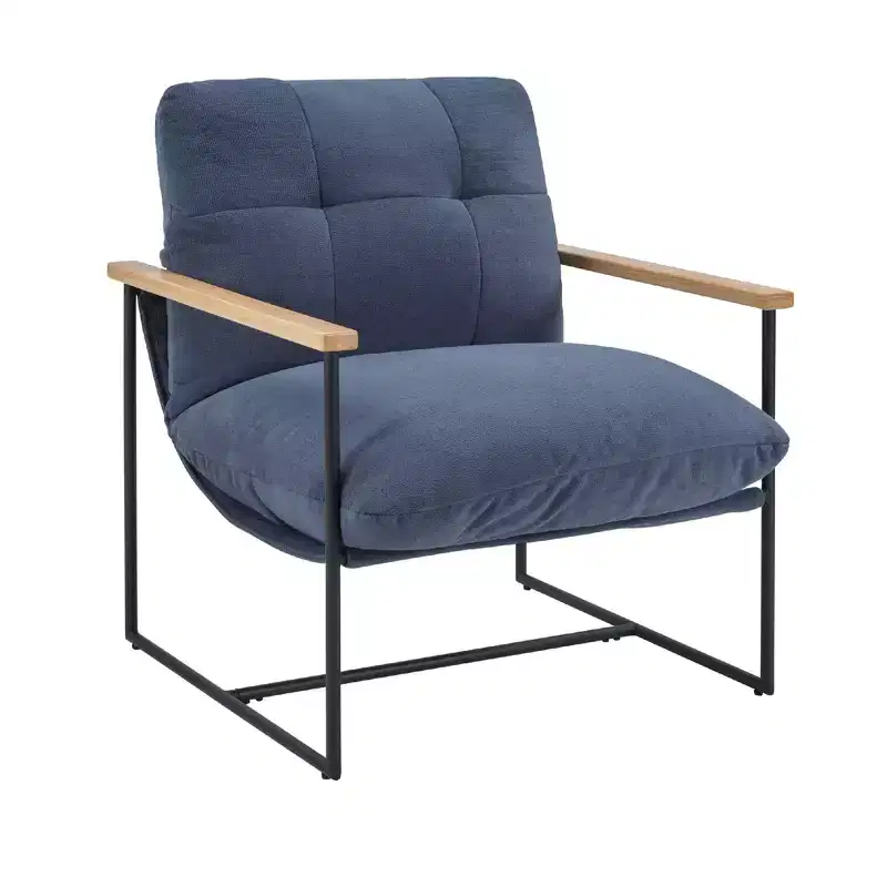 Modern Accent Chair with Removable Cushion, Wooden Armrests, Blue