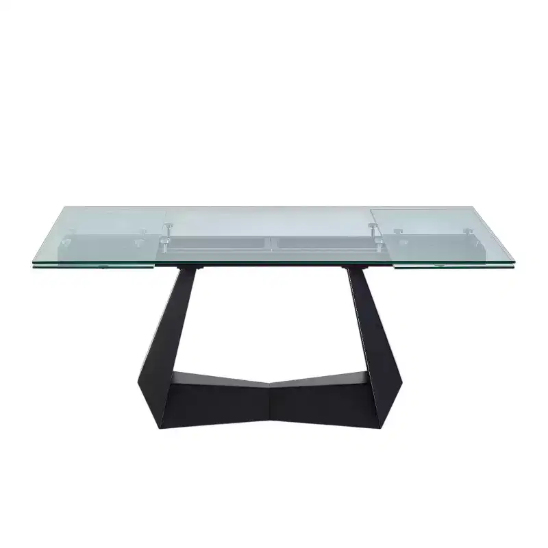 71 Clear and Black Glass and Metal Self-Storing Leaf Sled Base Extendable Dining Table