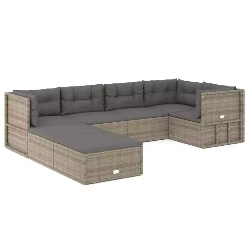 vidaXL - 7-Piece Patio Furniture Set - Gray Poly Rattan Sectional Sofa with Cushions - Modular Outdoor Seating - Adjustable Seats
