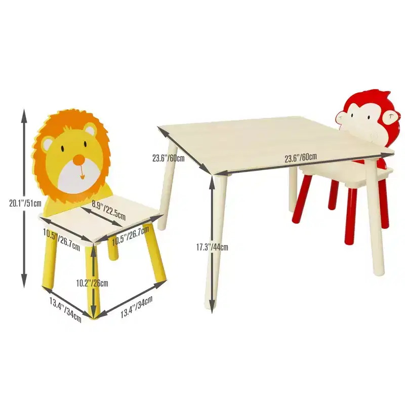 JVNOXK-Kids Table and 2 Chairs Set, 3 Pieces Toddler Table and Chair Set, Wooden Activity Play Table Set (Lion&Monkey)