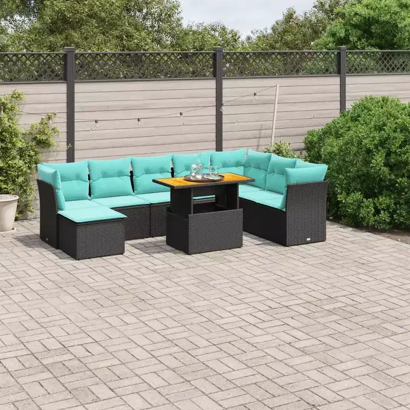 vidaXL 9 Piece Patio Sofa Set with Cushions Black Poly Rattan