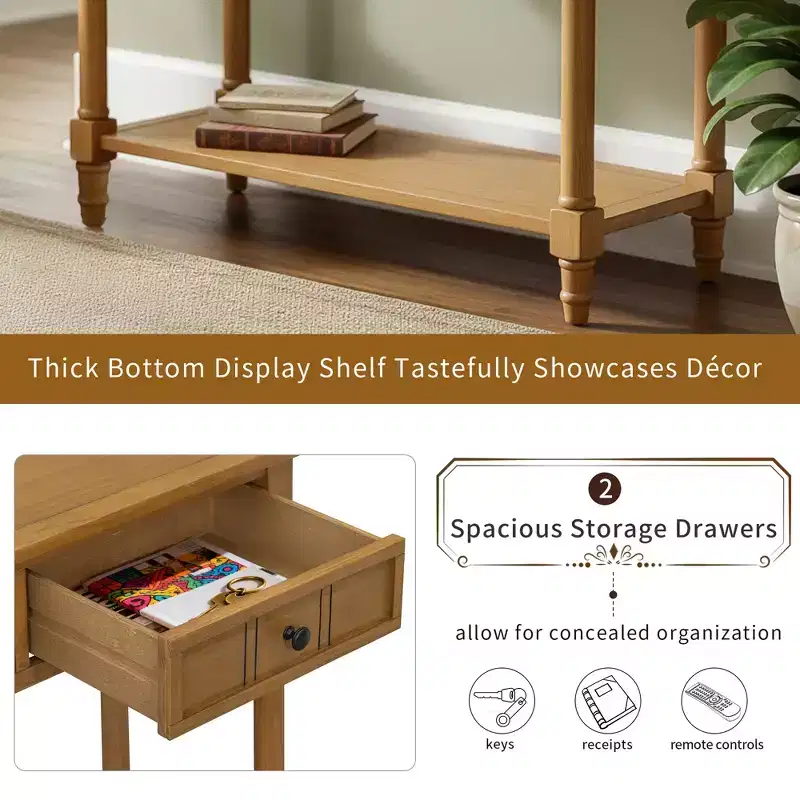 Traditional Entryway Console Table with 2 Drawers and Bottom Shelf, Solid Pine Wood